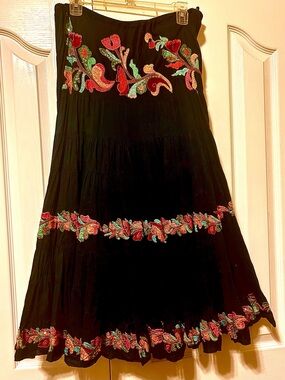 Embroidered Sequined Colorful Florals on Flamenco Style Black Tiered Skirt
